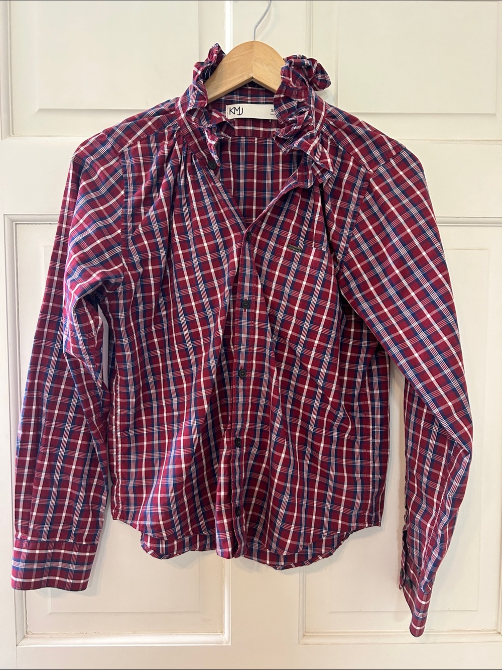 KMJ Kate McHale Jensen Plaid Ruffle Collar Button-Up Shirt size Small